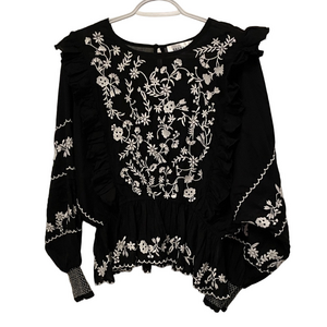 Bailey 44 Boho Black with White Floral Embroidery with Ruffle Size Medium